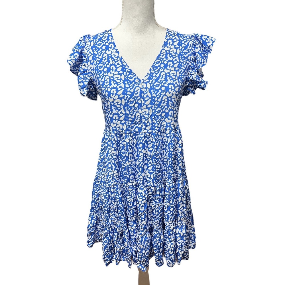 Pinch Blue & White Cheetah Ruffle 100% Cotton Sleeveless Dress Size Small